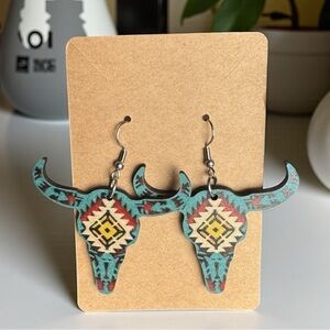 Bobo Western Aztec Bull Skull Dangle Earrings – Turquoise & Red -